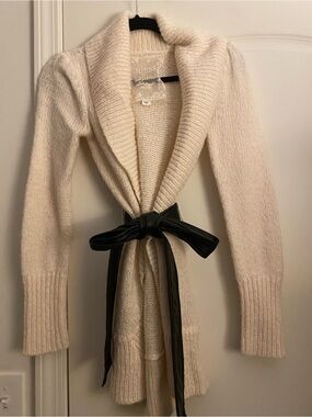 Small GUESS Cream Shawl Collar Belted Knit Sweater